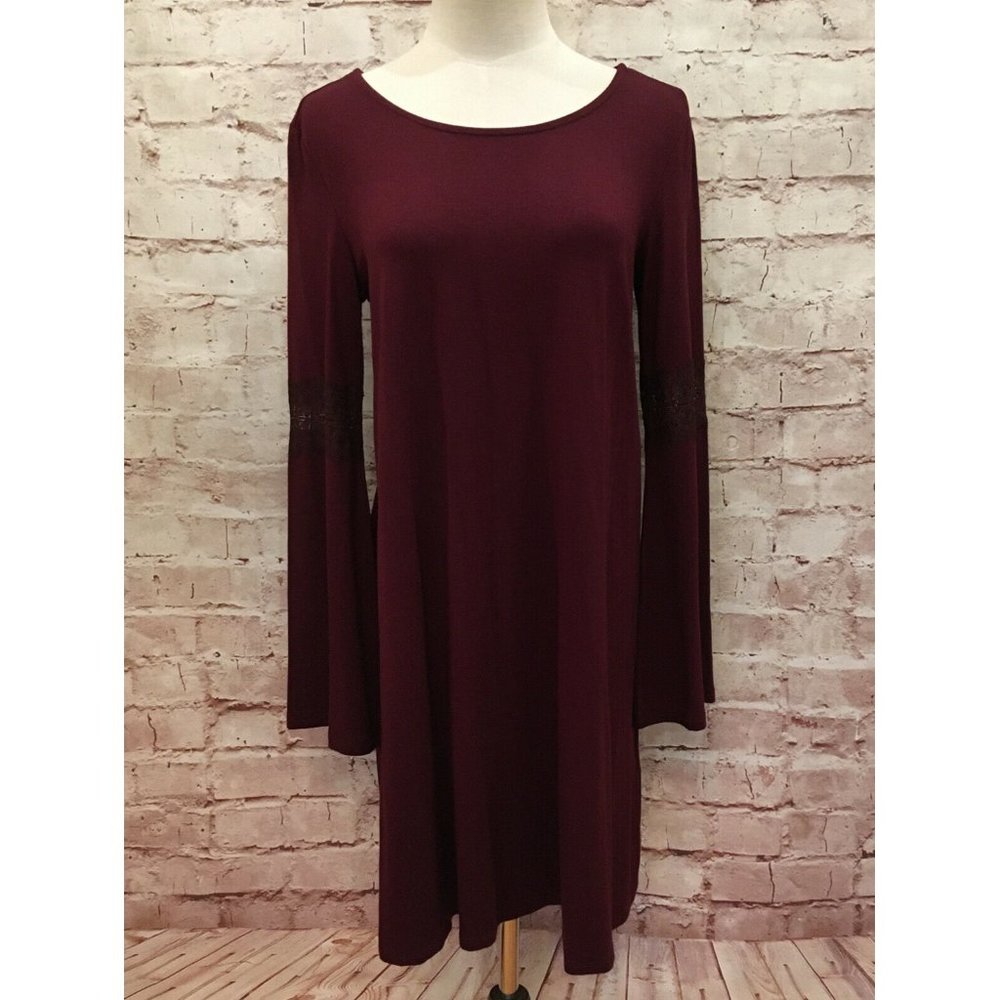 Bershka Womens Burgundy A- Line Shift Dress Long Bell Sleeves Size Medium NEW
